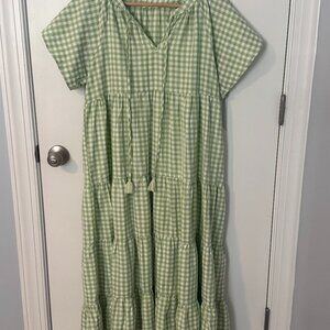 In Loom Dress Cottage core Green and White Smocked Maxi Medium